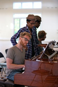 Matt Gould and Griffin Matthews rehearsing their work in progress Witness Uganda, at Vineyard Arts Project in 2010. Photo by Ashley Melone